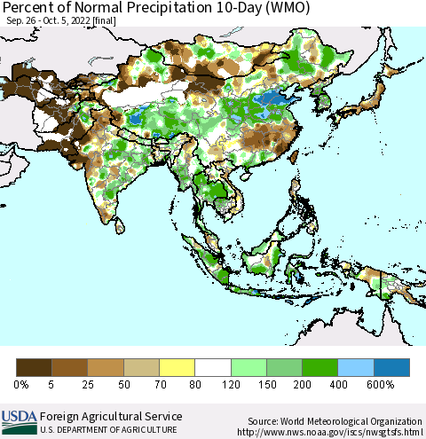 Asia Percent of Normal Precipitation 10-Day (WMO) Thematic Map For 9/26/2022 - 10/5/2022