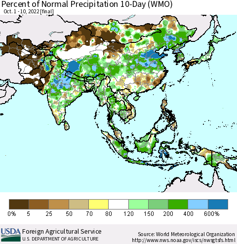 Asia Percent of Normal Precipitation 10-Day (WMO) Thematic Map For 10/1/2022 - 10/10/2022