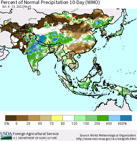 Asia Percent of Normal Precipitation 10-Day (WMO) Thematic Map For 10/6/2022 - 10/15/2022