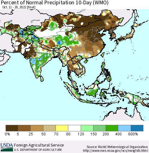 Asia Percent of Normal Precipitation 10-Day (WMO) Thematic Map For 10/11/2022 - 10/20/2022
