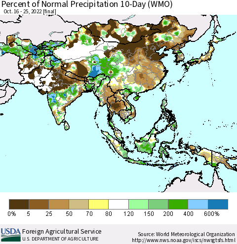 Asia Percent of Normal Precipitation 10-Day (WMO) Thematic Map For 10/16/2022 - 10/25/2022