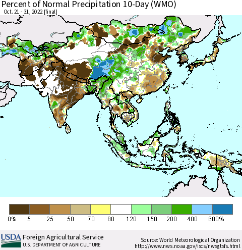 Asia Percent of Normal Precipitation 10-Day (WMO) Thematic Map For 10/21/2022 - 10/31/2022