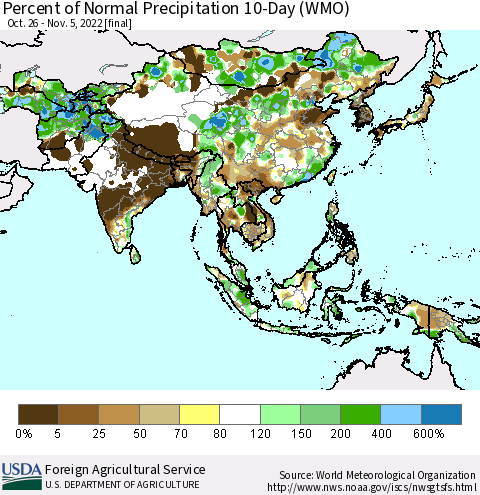 Asia Percent of Normal Precipitation 10-Day (WMO) Thematic Map For 10/26/2022 - 11/5/2022