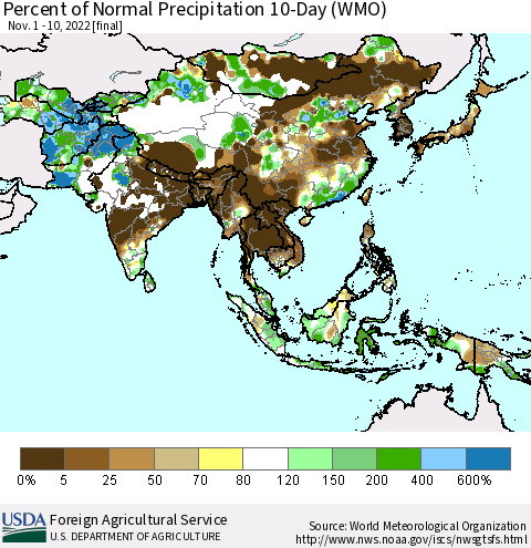 Asia Percent of Normal Precipitation 10-Day (WMO) Thematic Map For 11/1/2022 - 11/10/2022