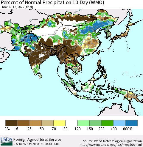 Asia Percent of Normal Precipitation 10-Day (WMO) Thematic Map For 11/6/2022 - 11/15/2022