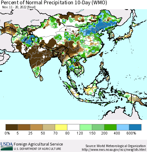 Asia Percent of Normal Precipitation 10-Day (WMO) Thematic Map For 11/11/2022 - 11/20/2022