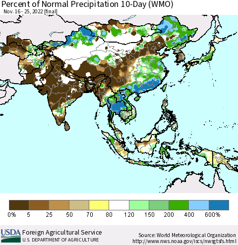 Asia Percent of Normal Precipitation 10-Day (WMO) Thematic Map For 11/16/2022 - 11/25/2022