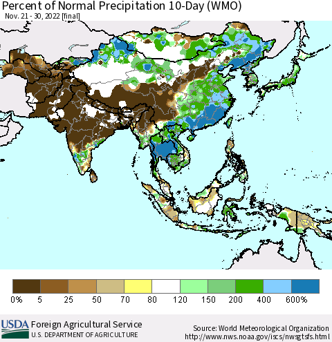 Asia Percent of Normal Precipitation 10-Day (WMO) Thematic Map For 11/21/2022 - 11/30/2022