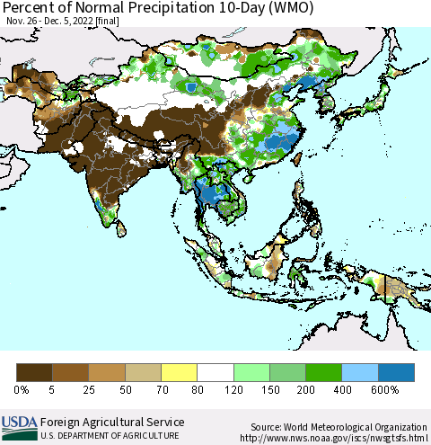 Asia Percent of Normal Precipitation 10-Day (WMO) Thematic Map For 11/26/2022 - 12/5/2022