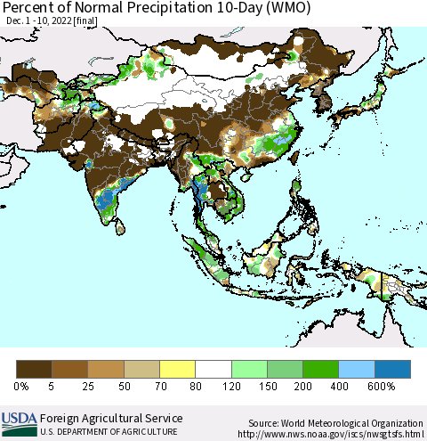 Asia Percent of Normal Precipitation 10-Day (WMO) Thematic Map For 12/1/2022 - 12/10/2022