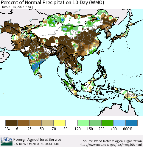 Asia Percent of Normal Precipitation 10-Day (WMO) Thematic Map For 12/6/2022 - 12/15/2022