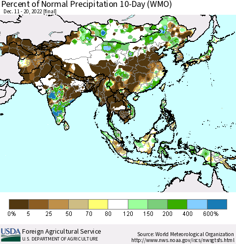 Asia Percent of Normal Precipitation 10-Day (WMO) Thematic Map For 12/11/2022 - 12/20/2022