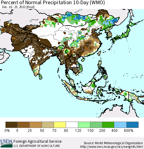 Asia Percent of Normal Precipitation 10-Day (WMO) Thematic Map For 12/16/2022 - 12/25/2022