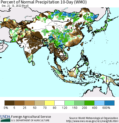 Asia Percent of Normal Precipitation 10-Day (WMO) Thematic Map For 12/21/2022 - 12/31/2022