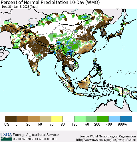 Asia Percent of Normal Precipitation 10-Day (WMO) Thematic Map For 12/26/2022 - 1/5/2023