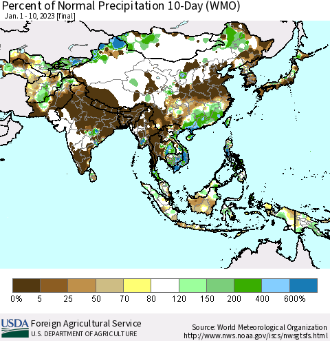 Asia Percent of Normal Precipitation 10-Day (WMO) Thematic Map For 1/1/2023 - 1/10/2023