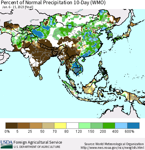 Asia Percent of Normal Precipitation 10-Day (WMO) Thematic Map For 1/6/2023 - 1/15/2023