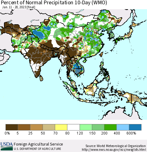 Asia Percent of Normal Precipitation 10-Day (WMO) Thematic Map For 1/11/2023 - 1/20/2023