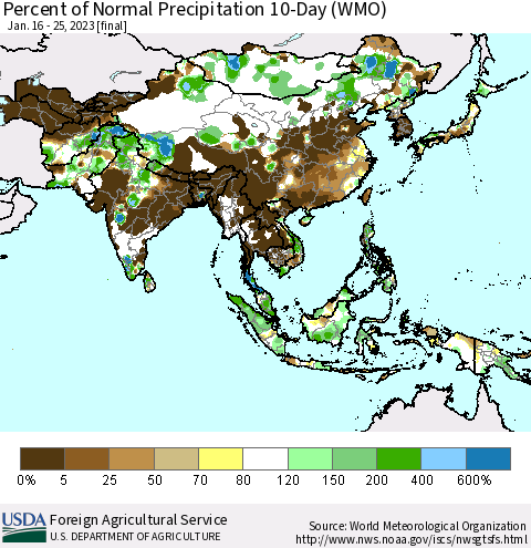 Asia Percent of Normal Precipitation 10-Day (WMO) Thematic Map For 1/16/2023 - 1/25/2023