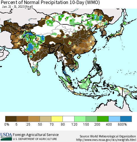 Asia Percent of Normal Precipitation 10-Day (WMO) Thematic Map For 1/21/2023 - 1/31/2023