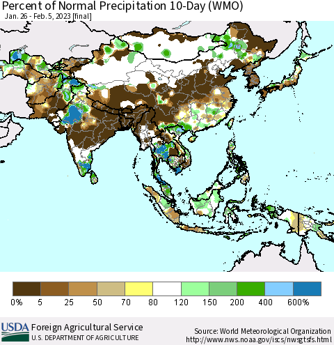 Asia Percent of Normal Precipitation 10-Day (WMO) Thematic Map For 1/26/2023 - 2/5/2023