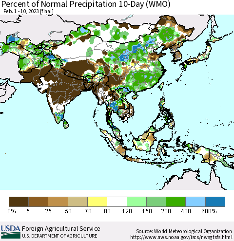 Asia Percent of Normal Precipitation 10-Day (WMO) Thematic Map For 2/1/2023 - 2/10/2023