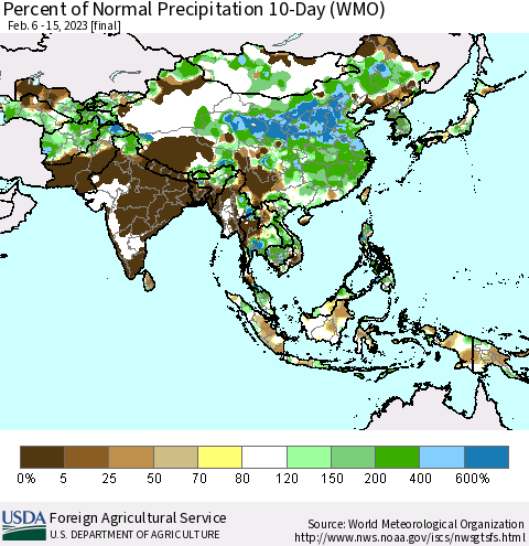 Asia Percent of Normal Precipitation 10-Day (WMO) Thematic Map For 2/6/2023 - 2/15/2023