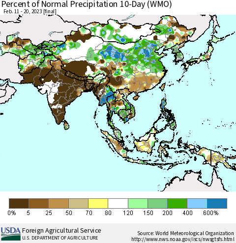 Asia Percent of Normal Precipitation 10-Day (WMO) Thematic Map For 2/11/2023 - 2/20/2023