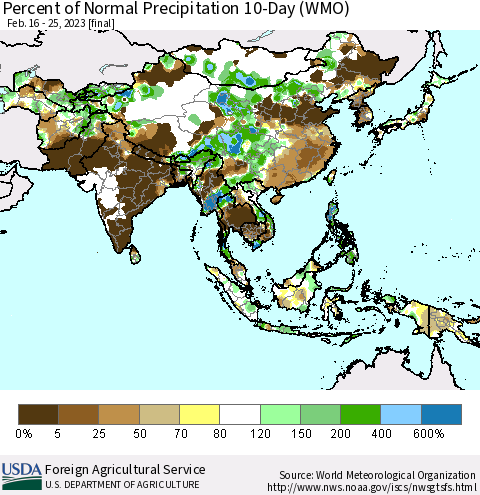Asia Percent of Normal Precipitation 10-Day (WMO) Thematic Map For 2/16/2023 - 2/25/2023
