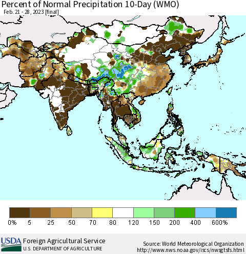 Asia Percent of Normal Precipitation 10-Day (WMO) Thematic Map For 2/21/2023 - 2/28/2023