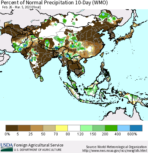 Asia Percent of Normal Precipitation 10-Day (WMO) Thematic Map For 2/26/2023 - 3/5/2023