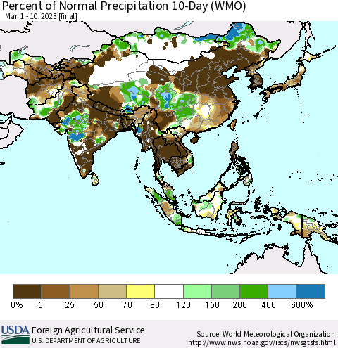 Asia Percent of Normal Precipitation 10-Day (WMO) Thematic Map For 3/1/2023 - 3/10/2023