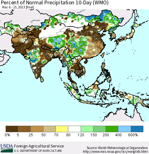 Asia Percent of Normal Precipitation 10-Day (WMO) Thematic Map For 3/6/2023 - 3/15/2023