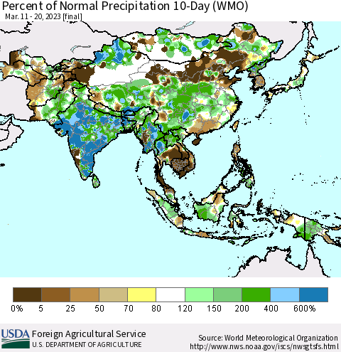 Asia Percent of Normal Precipitation 10-Day (WMO) Thematic Map For 3/11/2023 - 3/20/2023
