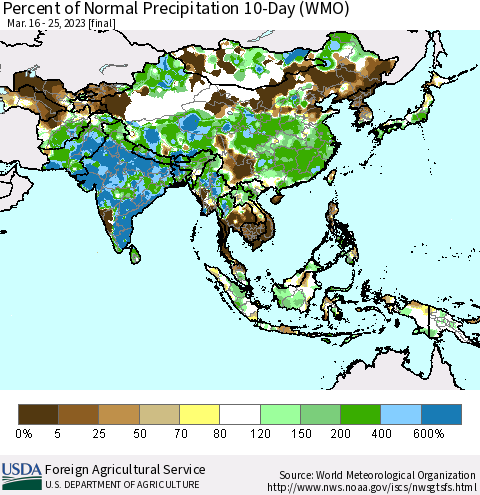 Asia Percent of Normal Precipitation 10-Day (WMO) Thematic Map For 3/16/2023 - 3/25/2023