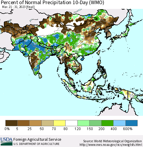 Asia Percent of Normal Precipitation 10-Day (WMO) Thematic Map For 3/21/2023 - 3/31/2023