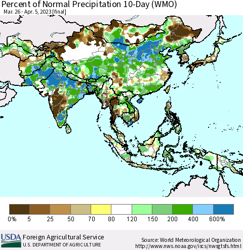 Asia Percent of Normal Precipitation 10-Day (WMO) Thematic Map For 3/26/2023 - 4/5/2023