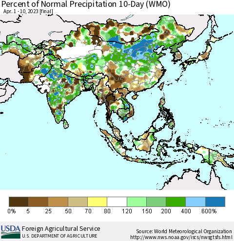 Asia Percent of Normal Precipitation 10-Day (WMO) Thematic Map For 4/1/2023 - 4/10/2023