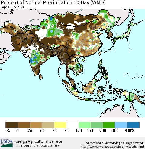 Asia Percent of Normal Precipitation 10-Day (WMO) Thematic Map For 4/6/2023 - 4/15/2023