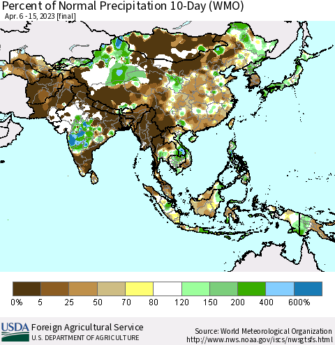 Asia Percent of Normal Precipitation 10-Day (WMO) Thematic Map For 4/6/2023 - 4/15/2023