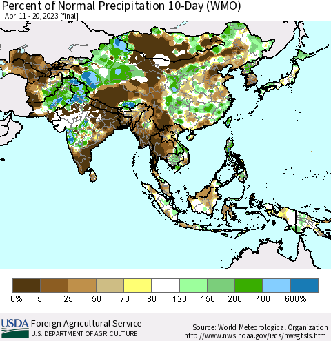 Asia Percent of Normal Precipitation 10-Day (WMO) Thematic Map For 4/11/2023 - 4/20/2023