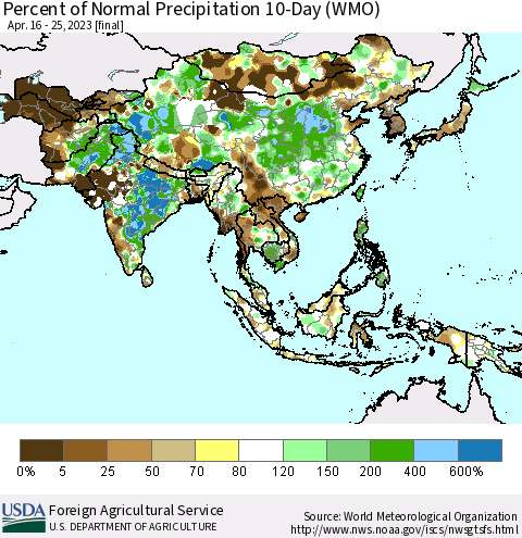 Asia Percent of Normal Precipitation 10-Day (WMO) Thematic Map For 4/16/2023 - 4/25/2023