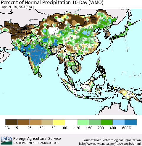 Asia Percent of Normal Precipitation 10-Day (WMO) Thematic Map For 4/21/2023 - 4/30/2023