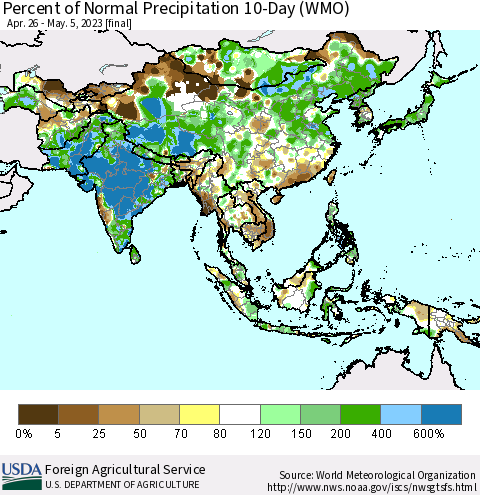 Asia Percent of Normal Precipitation 10-Day (WMO) Thematic Map For 4/26/2023 - 5/5/2023