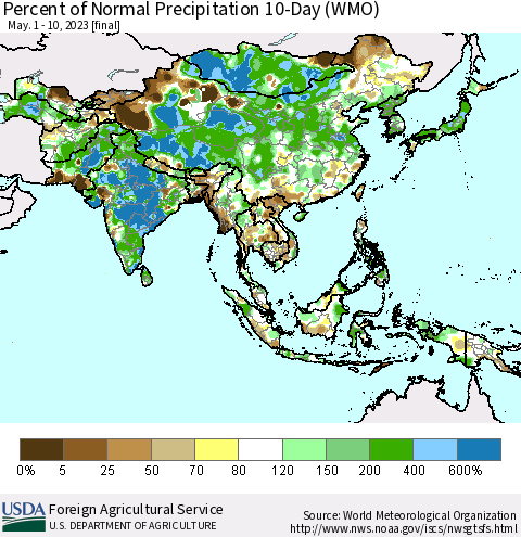 Asia Percent of Normal Precipitation 10-Day (WMO) Thematic Map For 5/1/2023 - 5/10/2023