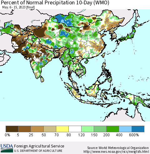 Asia Percent of Normal Precipitation 10-Day (WMO) Thematic Map For 5/6/2023 - 5/15/2023
