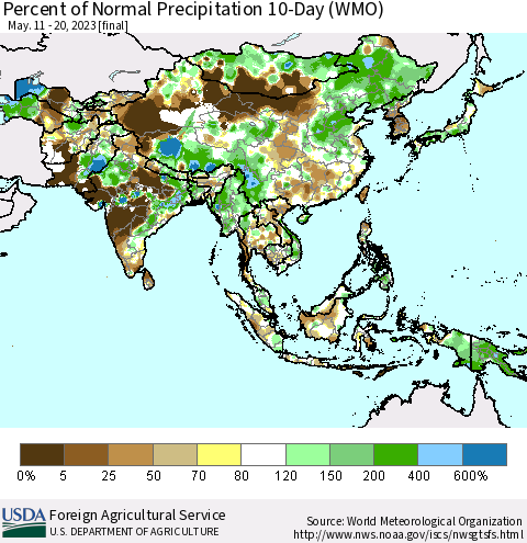 Asia Percent of Normal Precipitation 10-Day (WMO) Thematic Map For 5/11/2023 - 5/20/2023