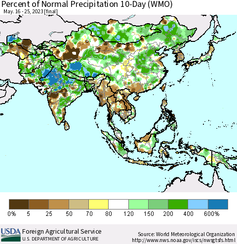 Asia Percent of Normal Precipitation 10-Day (WMO) Thematic Map For 5/16/2023 - 5/25/2023