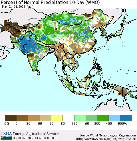 Asia Percent of Normal Precipitation 10-Day (WMO) Thematic Map For 5/21/2023 - 5/31/2023