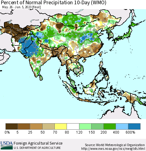 Asia Percent of Normal Precipitation 10-Day (WMO) Thematic Map For 5/26/2023 - 6/5/2023